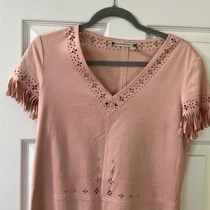 Pink suede dress with fringe details